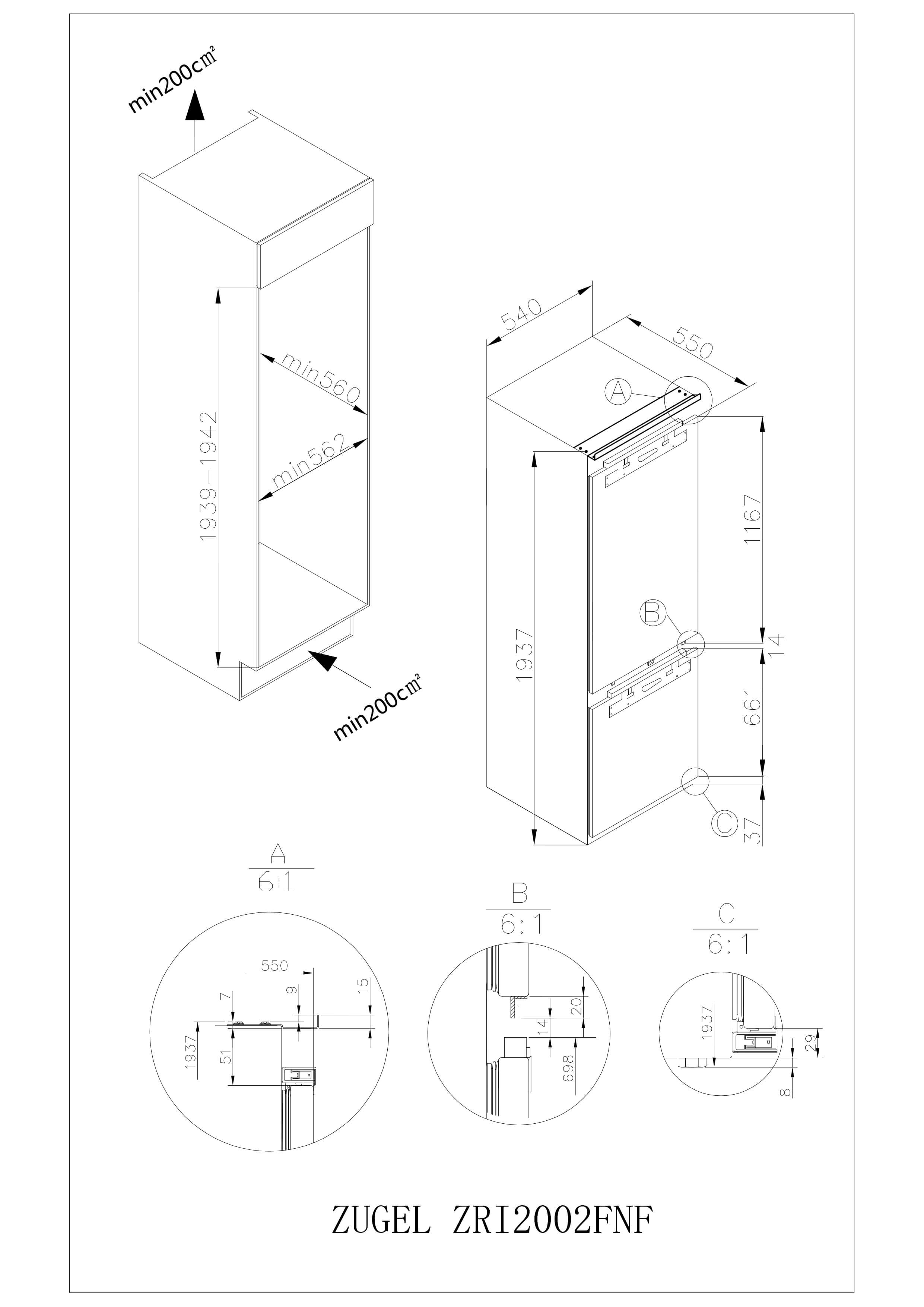Встраиваемый двухкамерный холодильник ZUGEL ZRI2002FNF (Full No Frost, Inverter)